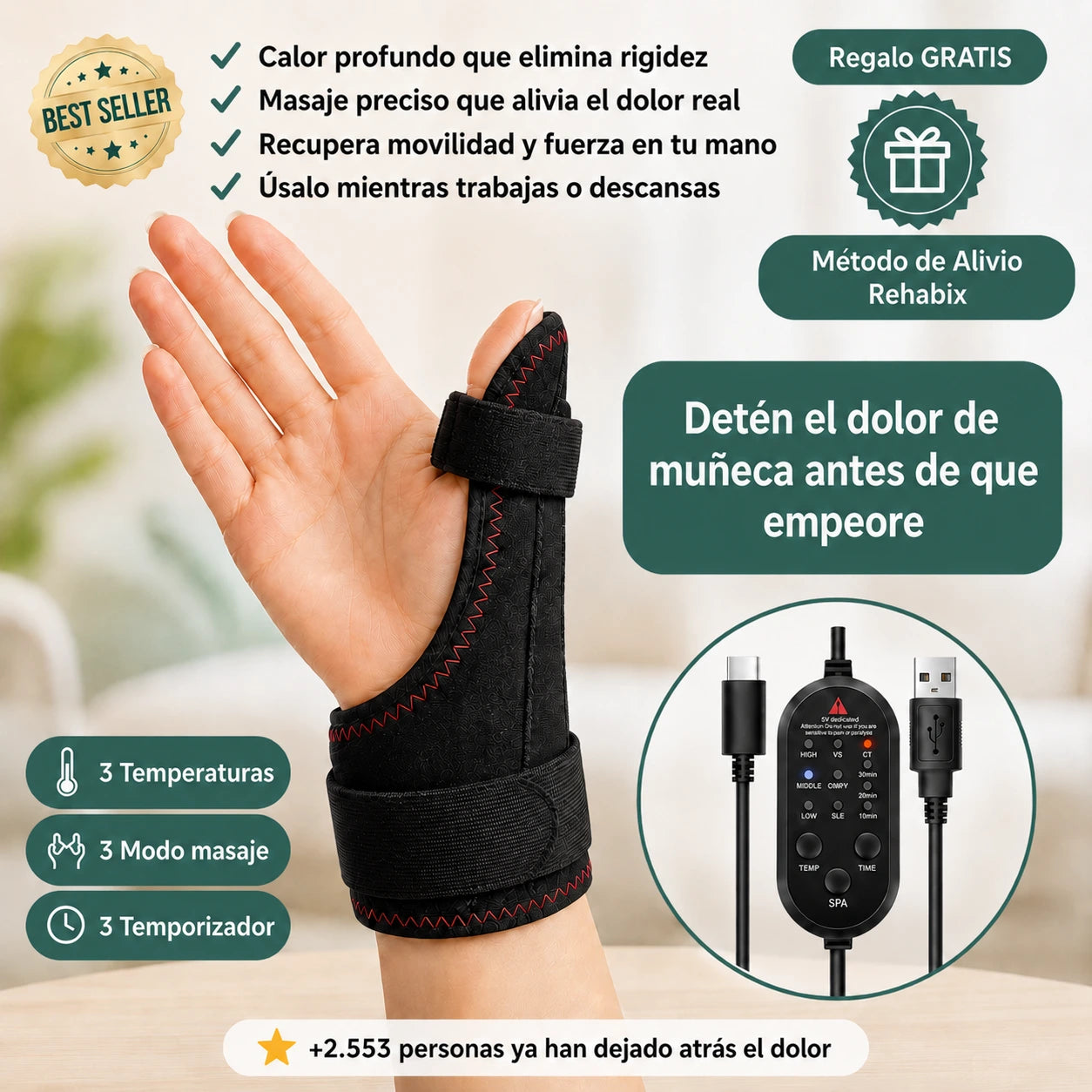 Muñequera de calor y masaje para el dolor de manos